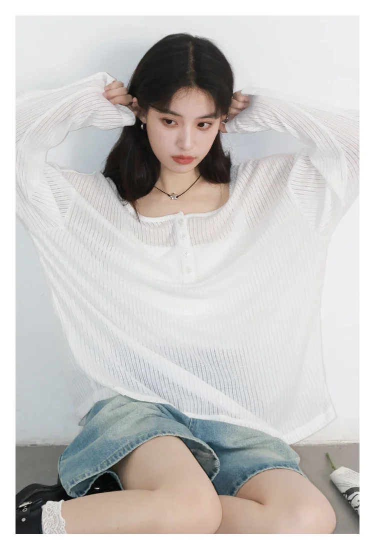 CHIC VEN Korean Women T-Shirts Casual Loose Slightly Transparent O Neck Female Top Thin Tees Spring Summer 2025 Clothing
