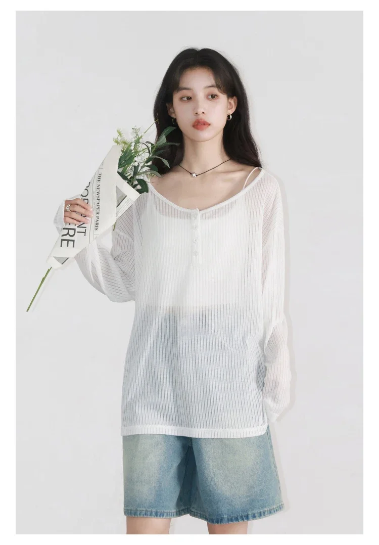 CHIC VEN Korean Women T-Shirts Casual Loose Slightly Transparent O Neck Female Top Thin Tees Spring Summer 2025 Clothing