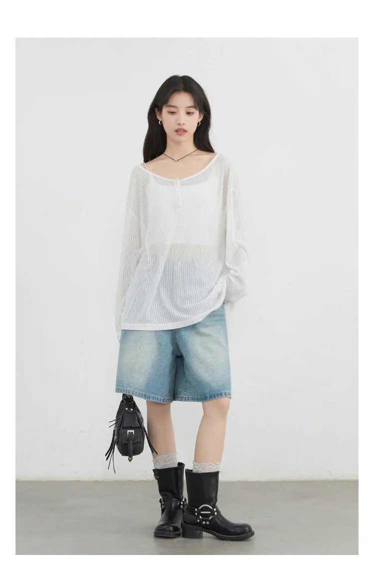 CHIC VEN Korean Women T-Shirts Casual Loose Slightly Transparent O Neck Female Top Thin Tees Spring Summer 2025 Clothing