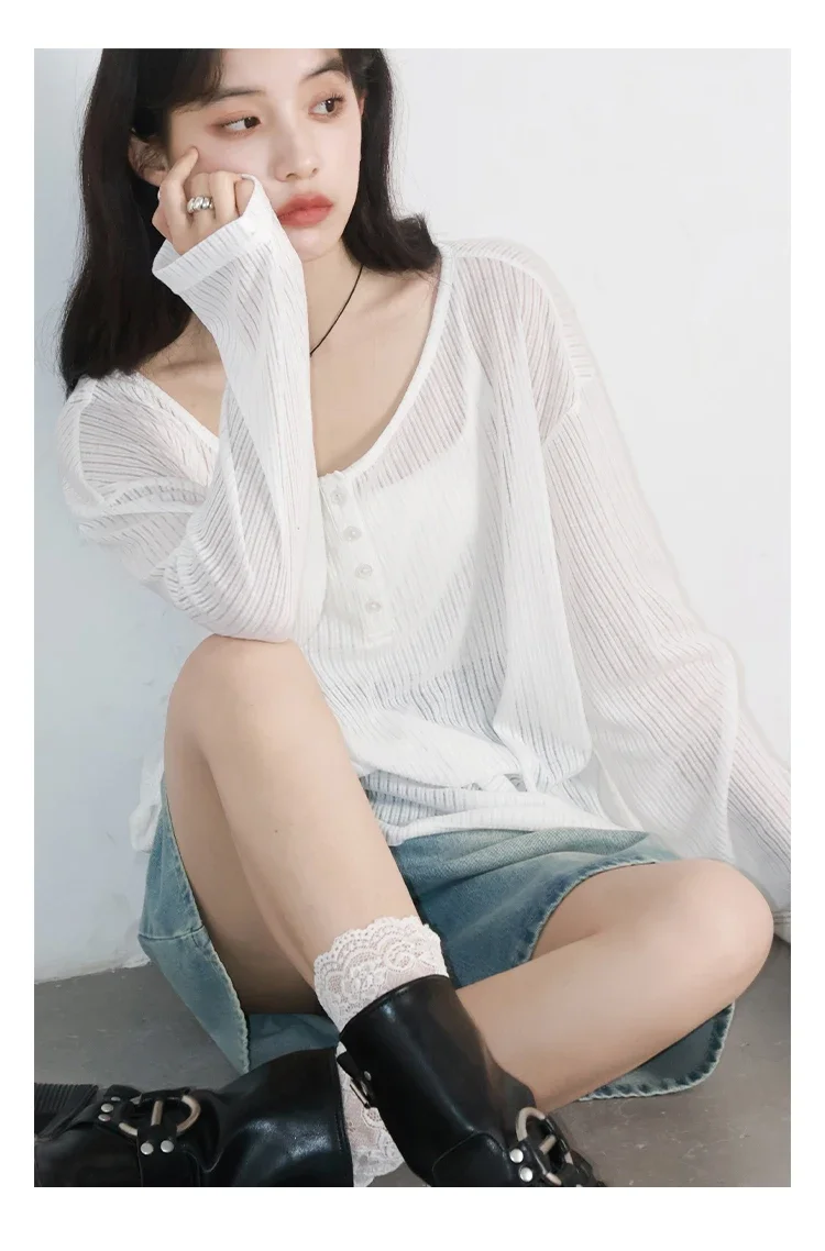 CHIC VEN Korean Women T-Shirts Casual Loose Slightly Transparent O Neck Female Top Thin Tees Spring Summer 2025 Clothing