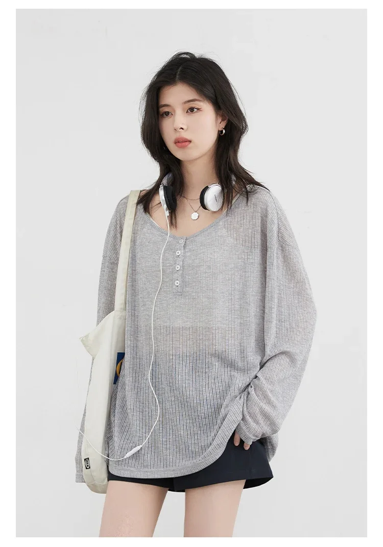 CHIC VEN Korean Women T-Shirts Casual Loose Slightly Transparent O Neck Female Top Thin Tees Spring Summer 2025 Clothing