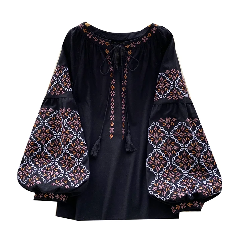 Women's Spring Blouse Retro Ethnic Style New Chinese Lantern Sleeve Shirt Loose Thin Tassel Embroidery Design Blusa Top BL187