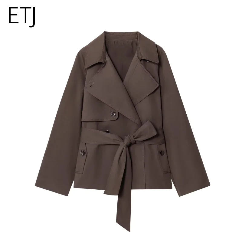 ETJ Autumn 2025 new collection women's British style lapel double-breasted Maillard color belt casual trench coat
