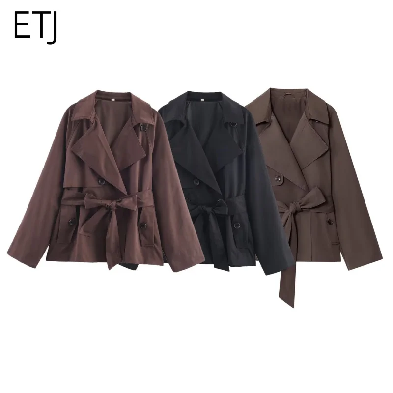ETJ Autumn 2025 new collection women's British style lapel double-breasted Maillard color belt casual trench coat