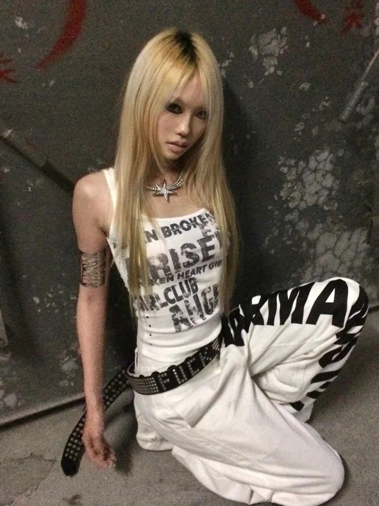 Genayooa Gothic Retro Tank Tops Sleeveless Y2k Print Letter Tops Japanese 2000s Camis Tops Out Wear Graphic Tee Americn Retro