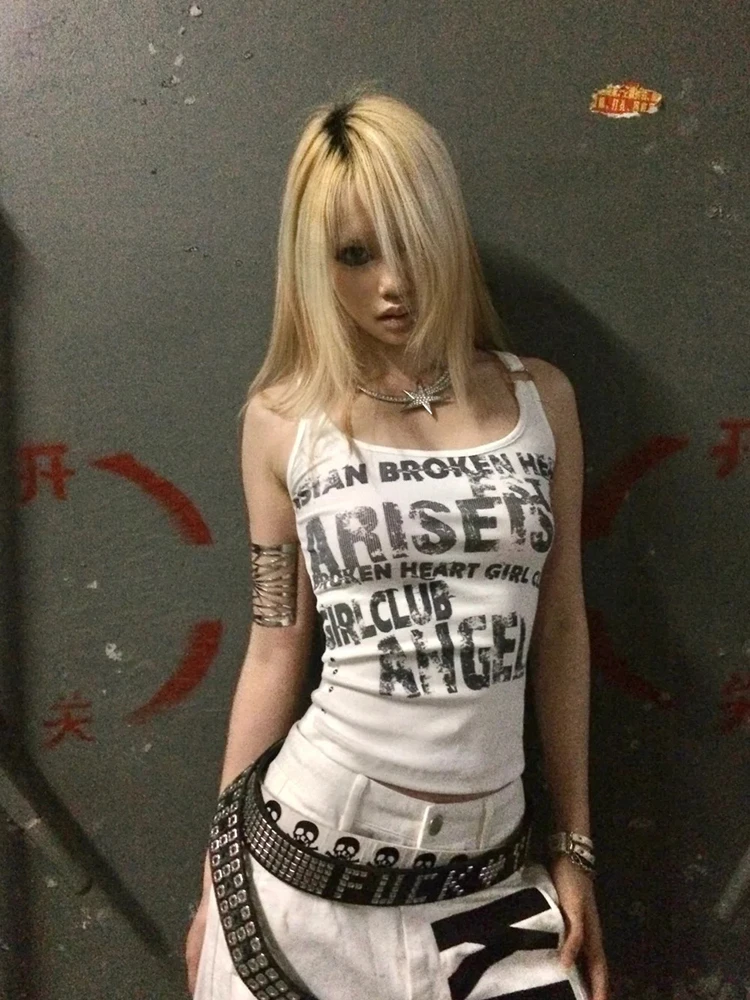 Genayooa Gothic Retro Tank Tops Sleeveless Y2k Print Letter Tops Japanese 2000s Camis Tops Out Wear Graphic Tee Americn Retro