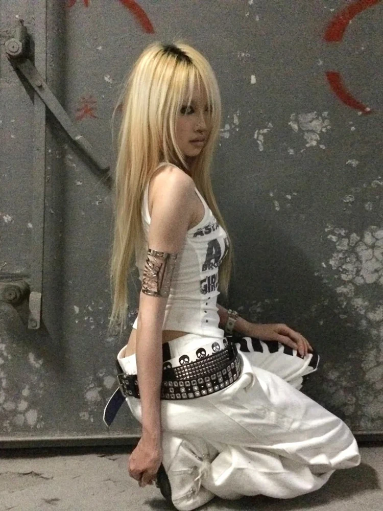 Genayooa Gothic Retro Tank Tops Sleeveless Y2k Print Letter Tops Japanese 2000s Camis Tops Out Wear Graphic Tee Americn Retro
