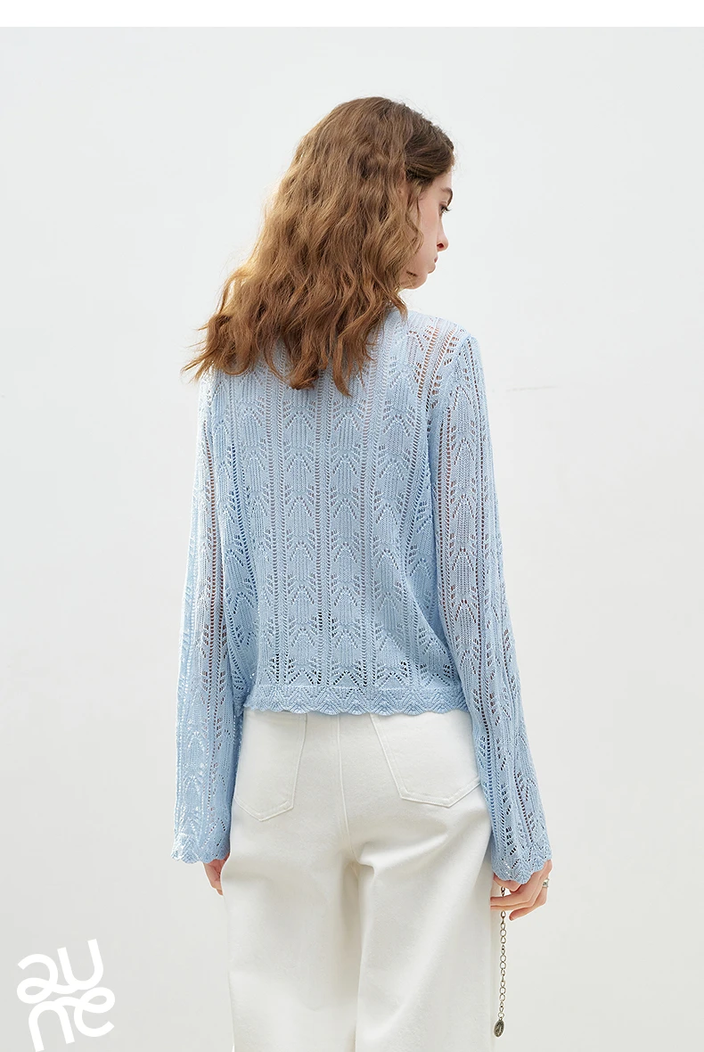 TOYOUTH Women Lyocell Linen Knit Top 2026 Spring New Hollow-Out Vintage Romantic Trumpet Sleeve Blouse