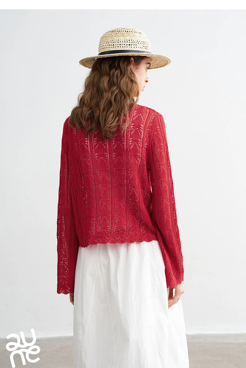 TOYOUTH Women Lyocell Linen Knit Top 2026 Spring New Hollow-Out Vintage Romantic Trumpet Sleeve Blouse