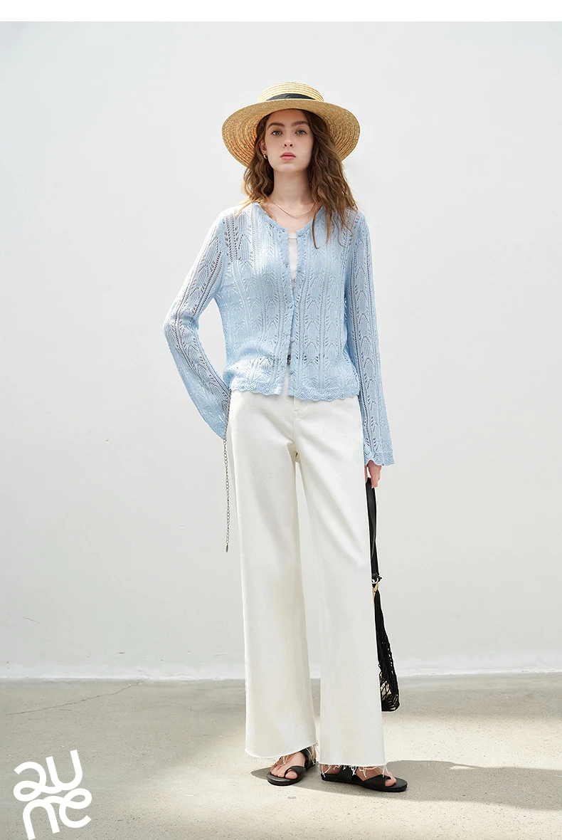 TOYOUTH Women Lyocell Linen Knit Top 2026 Spring New Hollow-Out Vintage Romantic Trumpet Sleeve Blouse