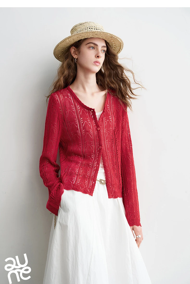 TOYOUTH Women Lyocell Linen Knit Top 2026 Spring New Hollow-Out Vintage Romantic Trumpet Sleeve Blouse