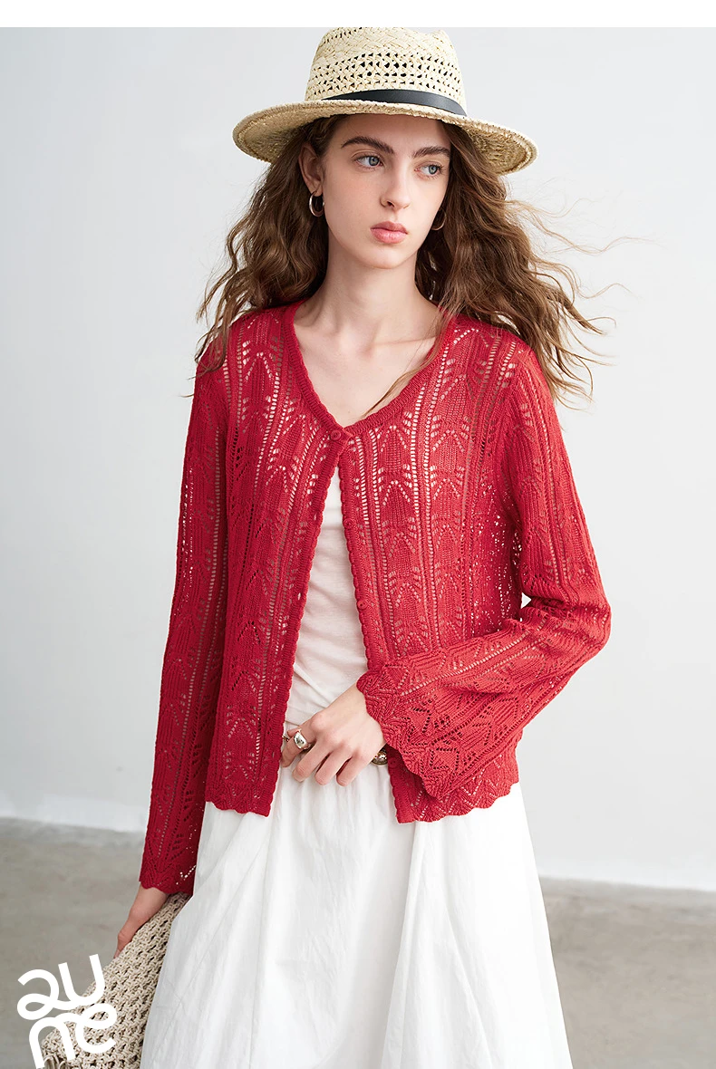 TOYOUTH Women Lyocell Linen Knit Top 2026 Spring New Hollow-Out Vintage Romantic Trumpet Sleeve Blouse