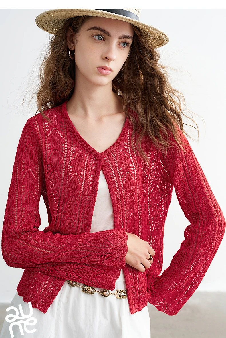 TOYOUTH Women Lyocell Linen Knit Top 2026 Spring New Hollow-Out Vintage Romantic Trumpet Sleeve Blouse