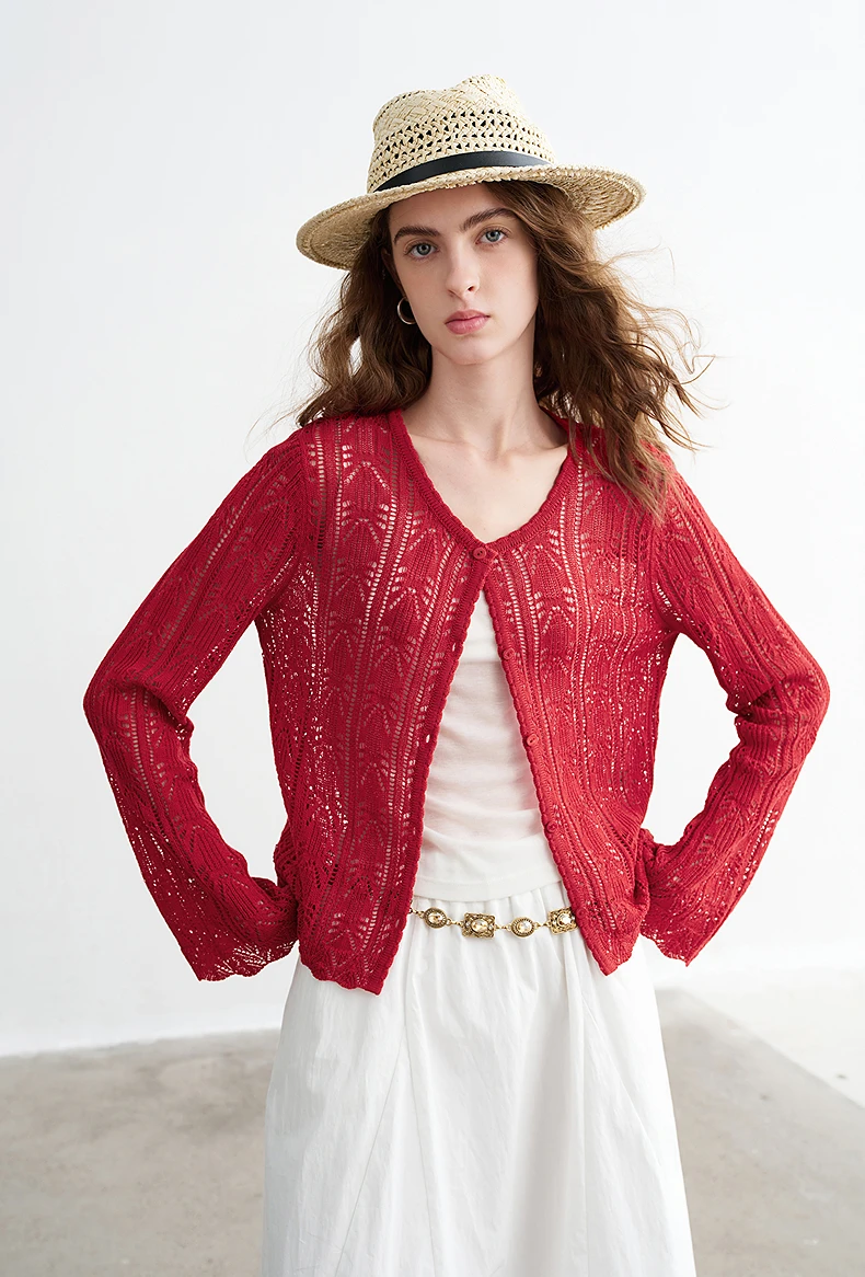 TOYOUTH Women Lyocell Linen Knit Top 2026 Spring New Hollow-Out Vintage Romantic Trumpet Sleeve Blouse
