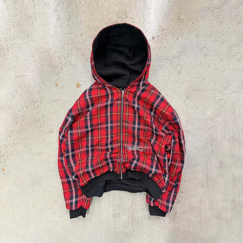 American Retro Reversible Plaid Zipper Hoodie Sweatshirt Mens Womens Casual Plaid Sweatshirt Solid Color Lining Y2K Street Style