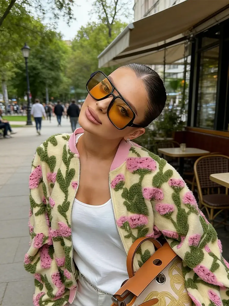 Sweet Dreamy Flower Plush Jacket For Women Casual Oversized Long Sleeves Zip Up Fleece Coat 2026 High Street Daily Wear