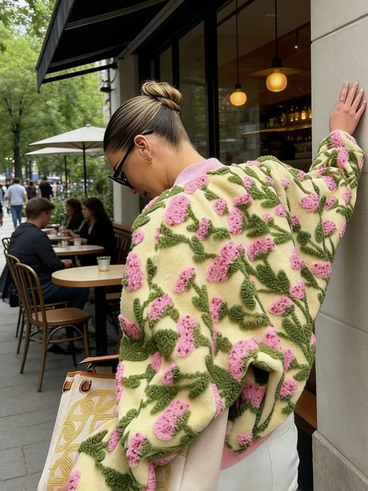 Sweet Dreamy Flower Plush Jacket For Women Casual Oversized Long Sleeves Zip Up Fleece Coat 2026 High Street Daily Wear