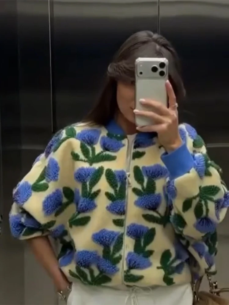 Sweet Dreamy Flower Plush Jacket For Women Casual Oversized Long Sleeves Zip Up Fleece Coat 2026 High Street Daily Wear