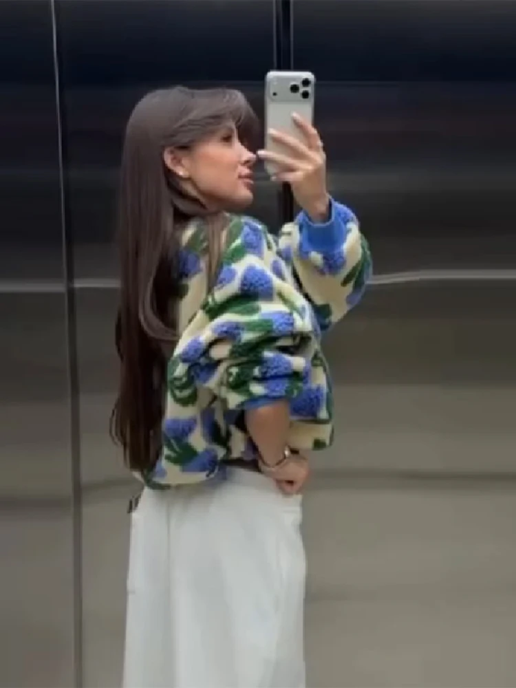 Sweet Dreamy Flower Plush Jacket For Women Casual Oversized Long Sleeves Zip Up Fleece Coat 2026 High Street Daily Wear