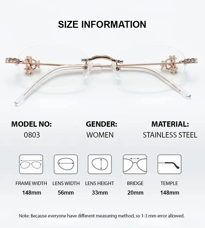 Chashma Prescription Glasses Rimless Optical Myopia Eyewear Student Fashion Stainless Steel Eyeglasses Optical Frames for Women