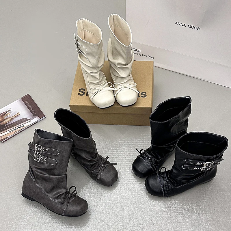 Kawaii Korean Butterfly-knot Women's Mid Calf Boots Double Buckle Strap Flat Shoes Round Toe Pleated Casual Daily Short Boots