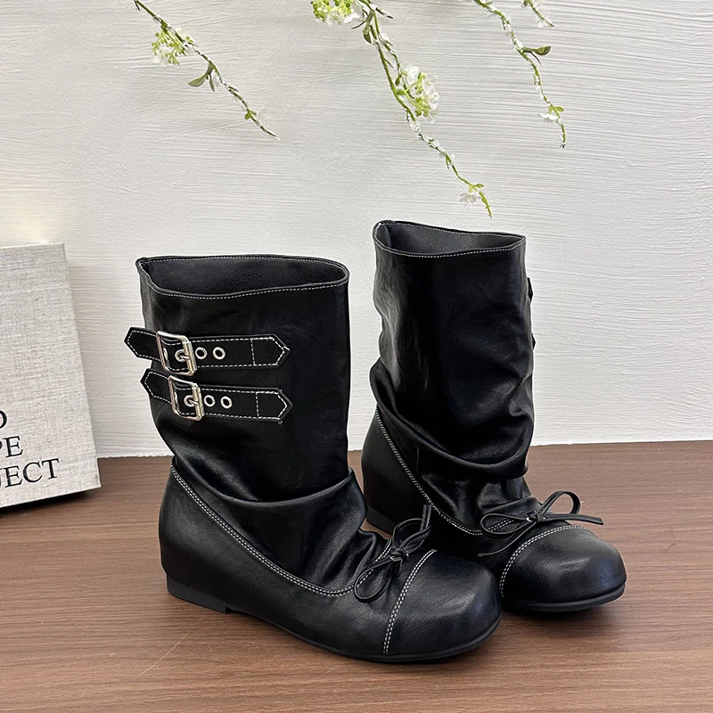 Kawaii Korean Butterfly-knot Women's Mid Calf Boots Double Buckle Strap Flat Shoes Round Toe Pleated Casual Daily Short Boots