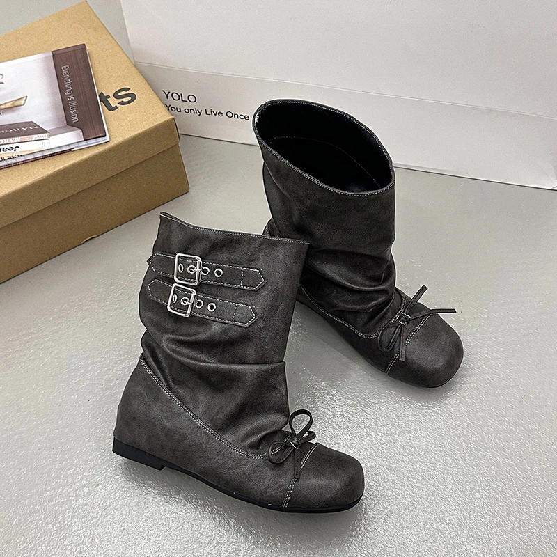 Kawaii Korean Butterfly-knot Women's Mid Calf Boots Double Buckle Strap Flat Shoes Round Toe Pleated Casual Daily Short Boots