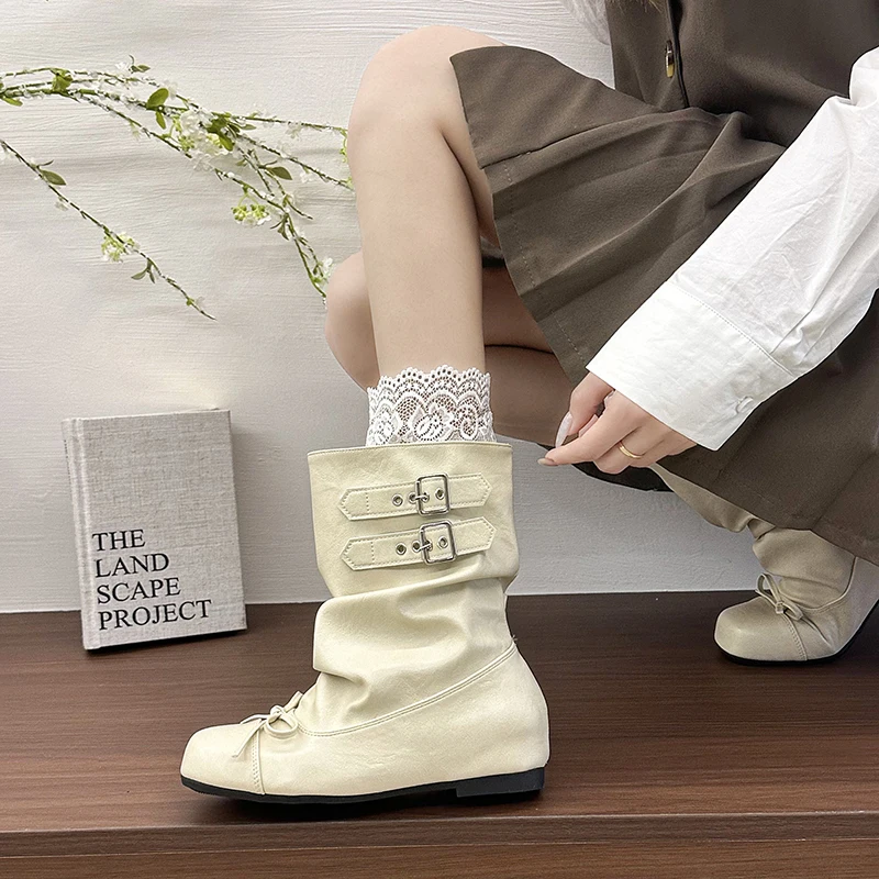 Kawaii Korean Butterfly-knot Women's Mid Calf Boots Double Buckle Strap Flat Shoes Round Toe Pleated Casual Daily Short Boots