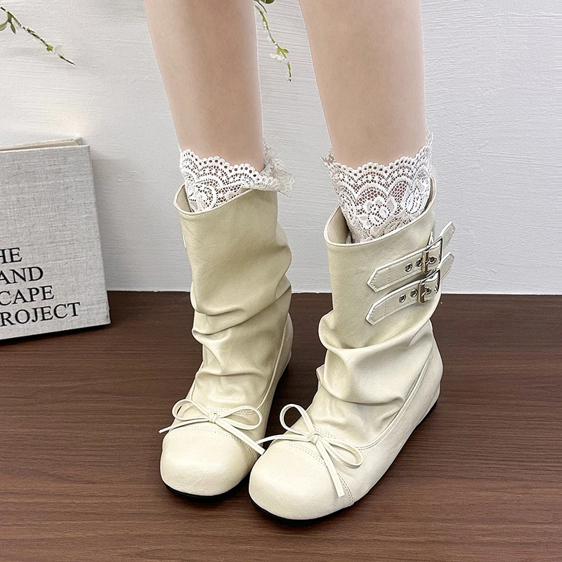 Kawaii Korean Butterfly-knot Women's Mid Calf Boots Double Buckle Strap Flat Shoes Round Toe Pleated Casual Daily Short Boots