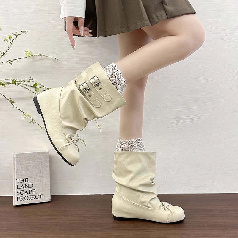 Kawaii Korean Butterfly-knot Women's Mid Calf Boots Double Buckle Strap Flat Shoes Round Toe Pleated Casual Daily Short Boots