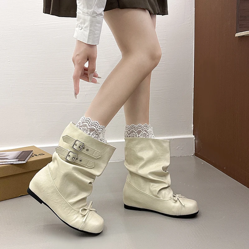 Kawaii Korean Butterfly-knot Women's Mid Calf Boots Double Buckle Strap Flat Shoes Round Toe Pleated Casual Daily Short Boots