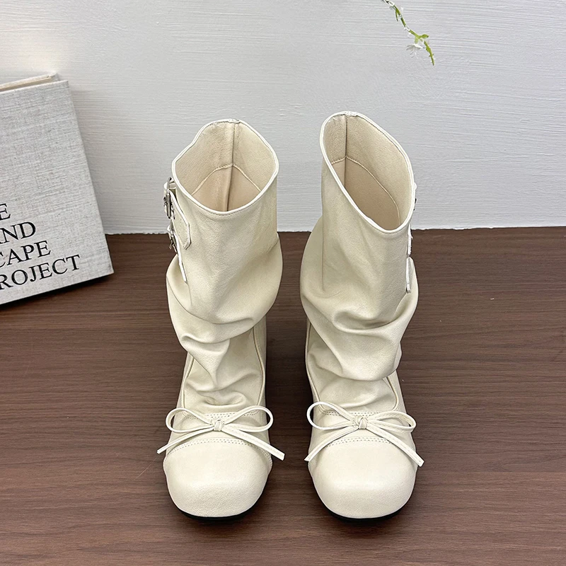 Kawaii Korean Butterfly-knot Women's Mid Calf Boots Double Buckle Strap Flat Shoes Round Toe Pleated Casual Daily Short Boots