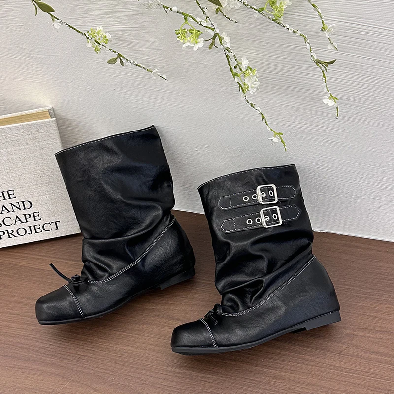 Kawaii Korean Butterfly-knot Women's Mid Calf Boots Double Buckle Strap Flat Shoes Round Toe Pleated Casual Daily Short Boots