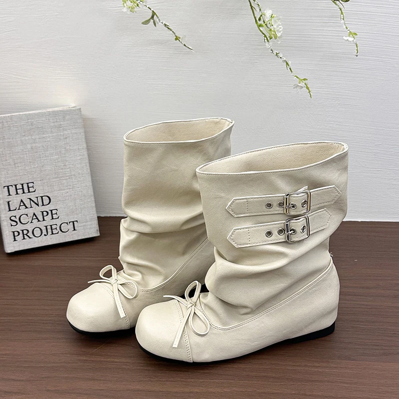Kawaii Korean Butterfly-knot Women's Mid Calf Boots Double Buckle Strap Flat Shoes Round Toe Pleated Casual Daily Short Boots