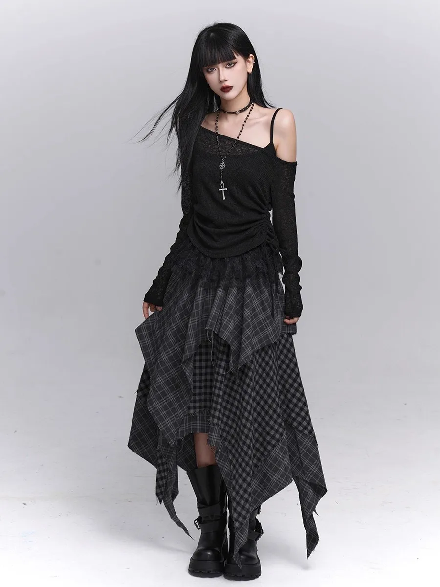 REDDACHiC Acubi Fashion Plaid Asymmetrical Skirt Alt Goth Elastic Waist Stitch Raw Edge Long Flowy Skirt Plus Size Women Bottoms