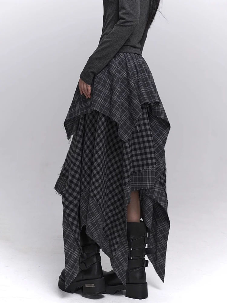 REDDACHiC Acubi Fashion Plaid Asymmetrical Skirt Alt Goth Elastic Waist Stitch Raw Edge Long Flowy Skirt Plus Size Women Bottoms