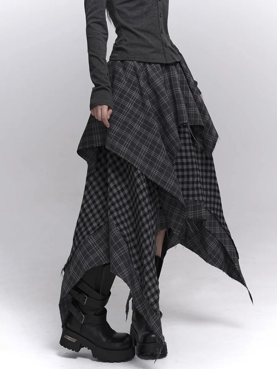 REDDACHiC Acubi Fashion Plaid Asymmetrical Skirt Alt Goth Elastic Waist Stitch Raw Edge Long Flowy Skirt Plus Size Women Bottoms