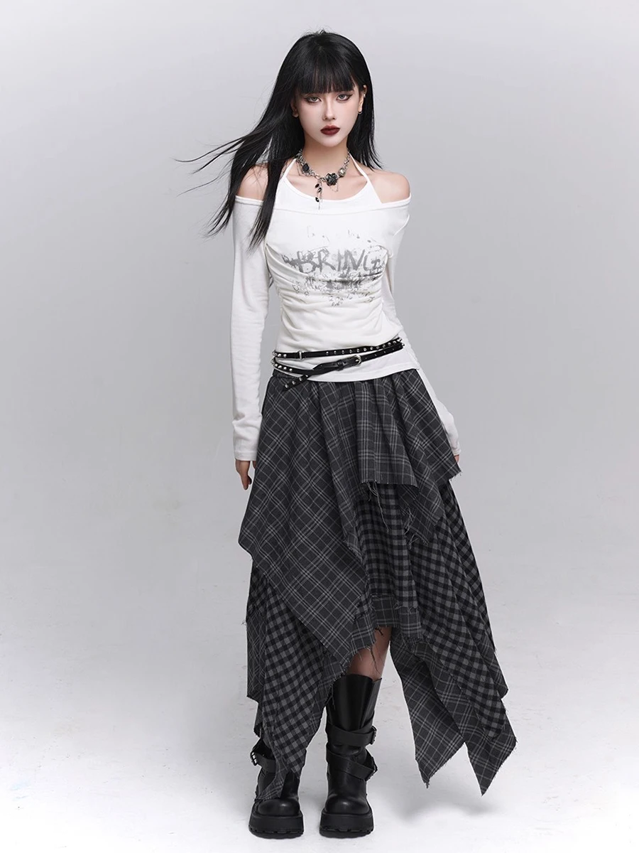 REDDACHiC Acubi Fashion Plaid Asymmetrical Skirt Alt Goth Elastic Waist Stitch Raw Edge Long Flowy Skirt Plus Size Women Bottoms