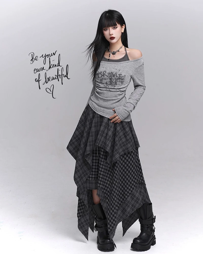 REDDACHiC Acubi Fashion Plaid Asymmetrical Skirt Alt Goth Elastic Waist Stitch Raw Edge Long Flowy Skirt Plus Size Women Bottoms