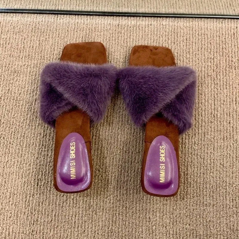 Autumn and Winter Square Toe Block Heel Women's Sandals High-end Sense High-heeled Temperament Fur Slippers