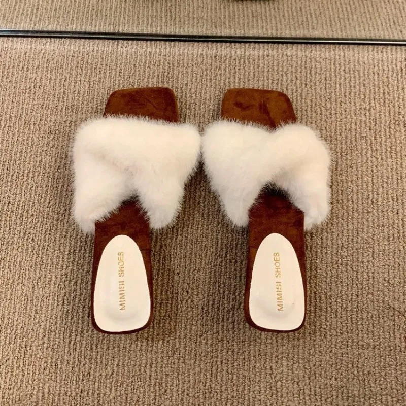 Autumn and Winter Square Toe Block Heel Women's Sandals High-end Sense High-heeled Temperament Fur Slippers