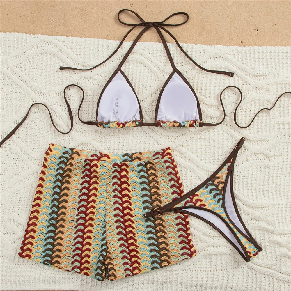 2026 Color Knitted Striped Swimwear Halter String Triangle Bikinis Sets 3 Pieces Shorts Bottom Micro Thong Sexy Swimsuit Women