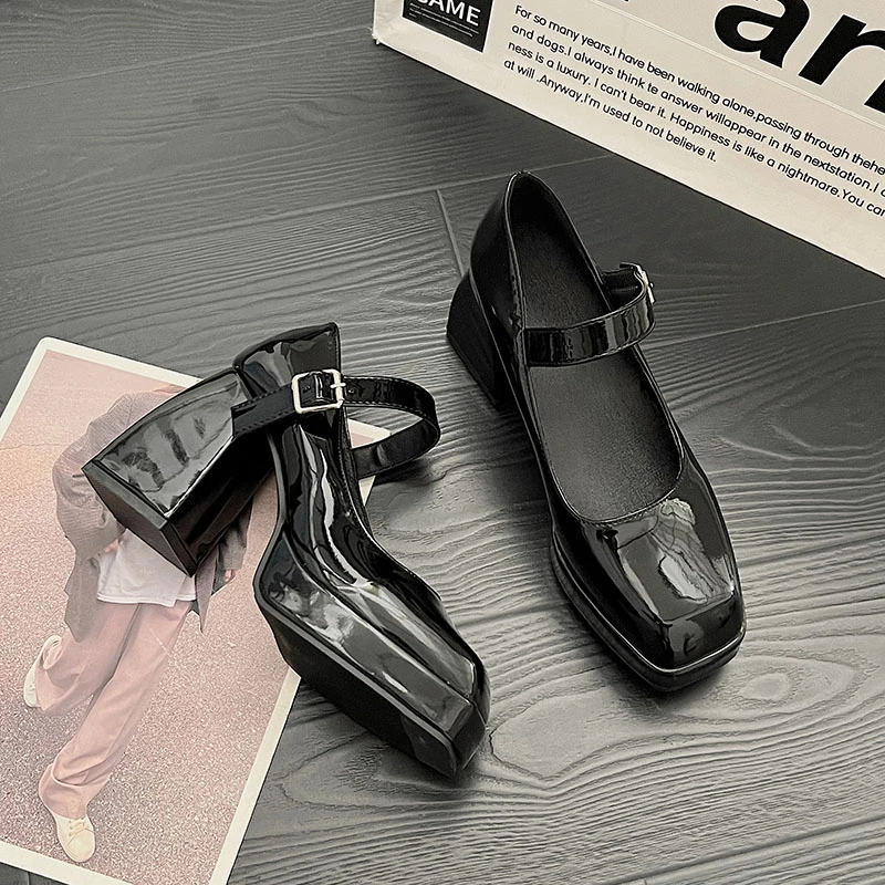 Lady's Sexy Ankle Strap Platform High-Heeled Shoes Black Leather Square Toe Fashionable Party Style Shoes Large Size for Summer