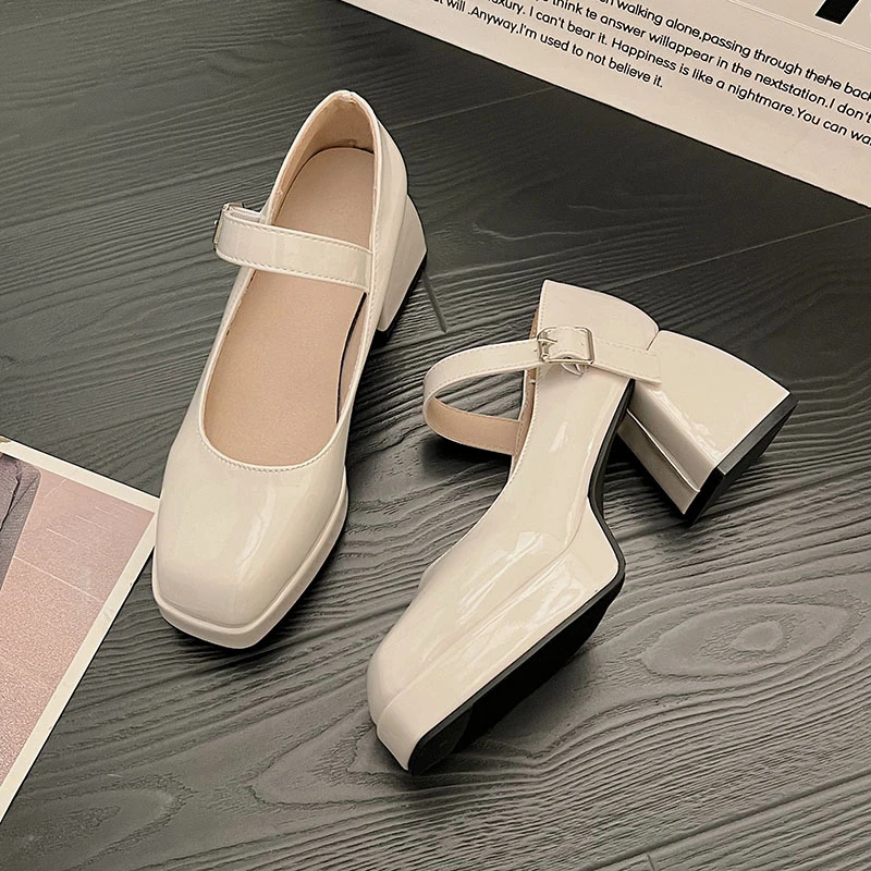 Lady's Sexy Ankle Strap Platform High-Heeled Shoes Black Leather Square Toe Fashionable Party Style Shoes Large Size for Summer