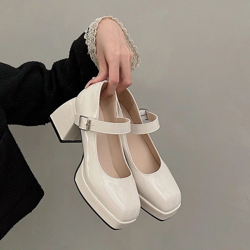 Lady's Sexy Ankle Strap Platform High-Heeled Shoes Black Leather Square Toe Fashionable Party Style Shoes Large Size for Summer