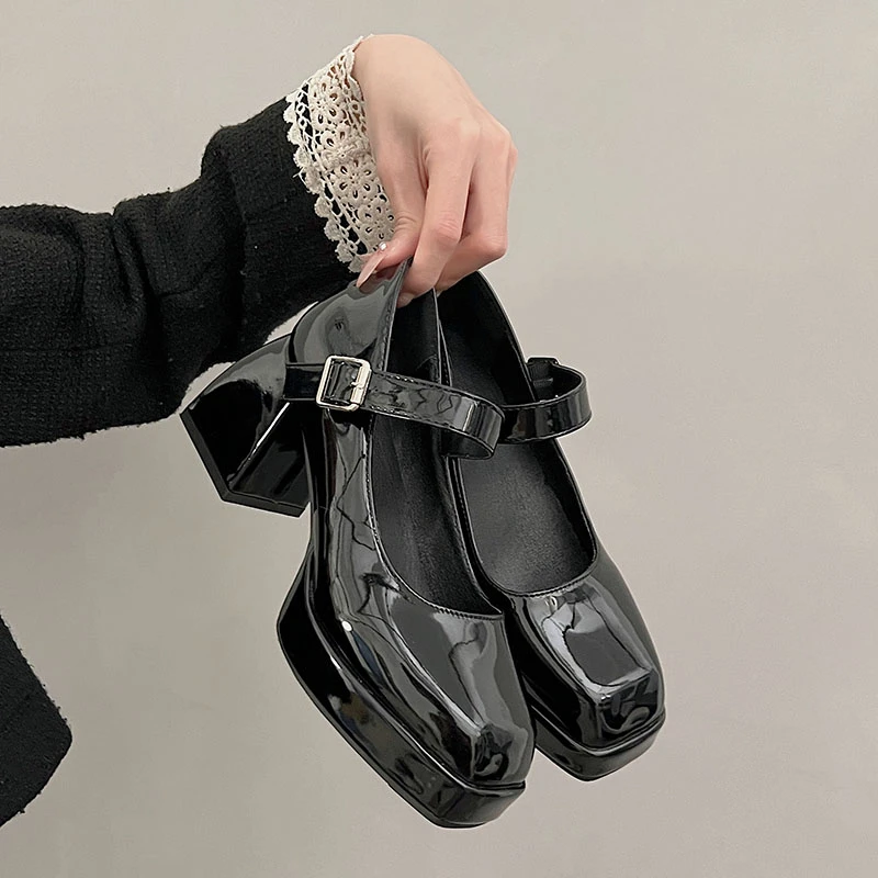 Lady's Sexy Ankle Strap Platform High-Heeled Shoes Black Leather Square Toe Fashionable Party Style Shoes Large Size for Summer