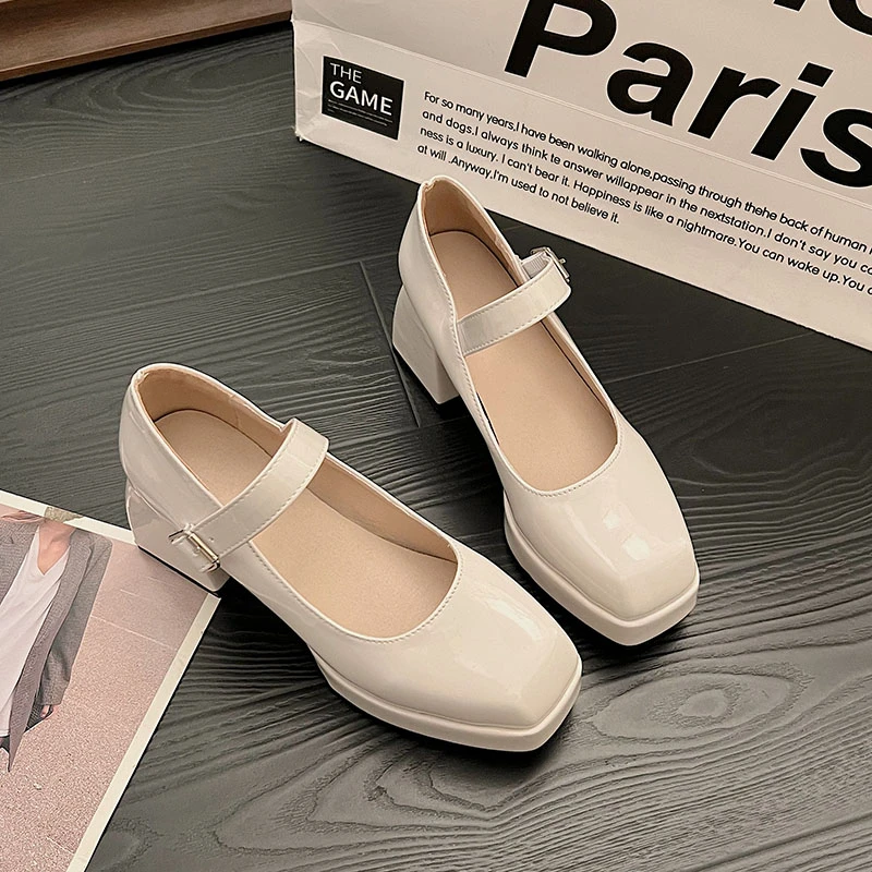 Lady's Sexy Ankle Strap Platform High-Heeled Shoes Black Leather Square Toe Fashionable Party Style Shoes Large Size for Summer