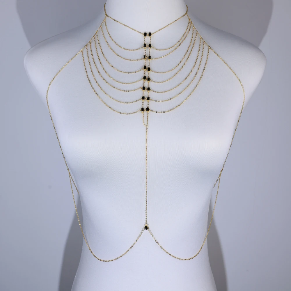 Multi-layer Green Black White CZ Pendant Necklace For Women Gold Color Bling CZ Tassel Body Chain Geometry Multiple Jewelry Gift