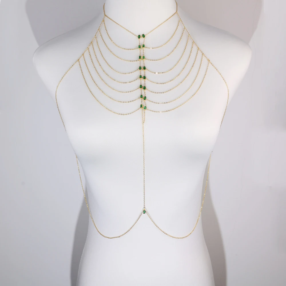 Multi-layer Green Black White CZ Pendant Necklace For Women Gold Color Bling CZ Tassel Body Chain Geometry Multiple Jewelry Gift