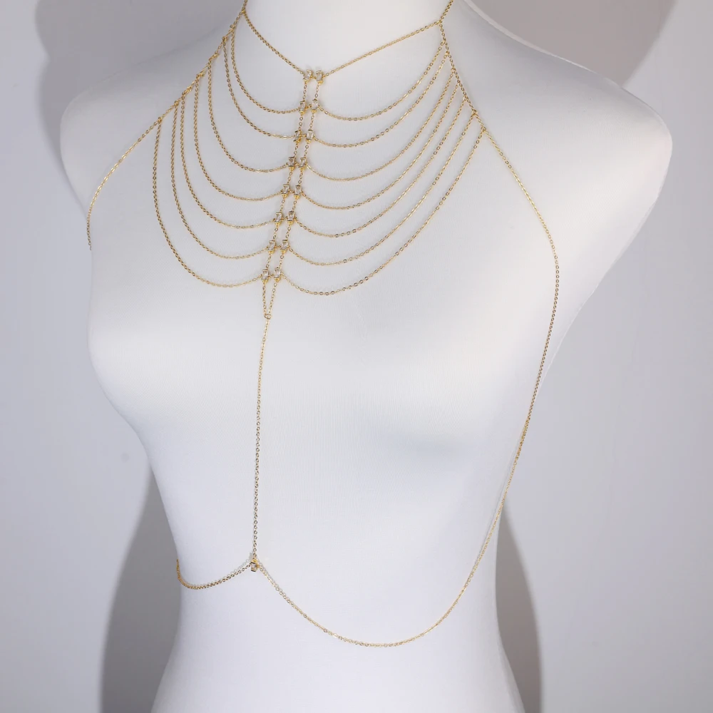Multi-layer Green Black White CZ Pendant Necklace For Women Gold Color Bling CZ Tassel Body Chain Geometry Multiple Jewelry Gift